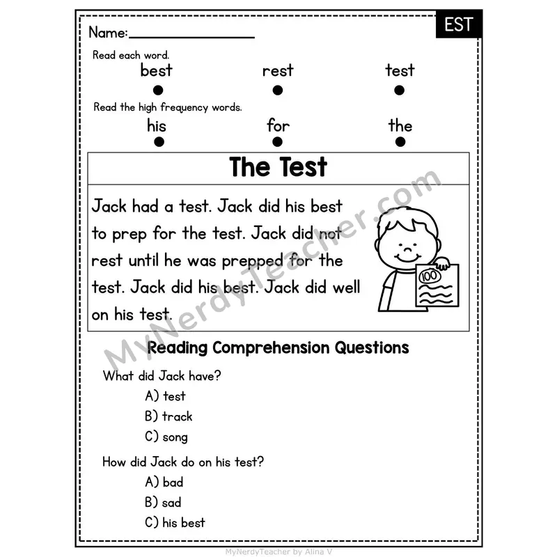 EST Word Family Decodable Passage - The Test