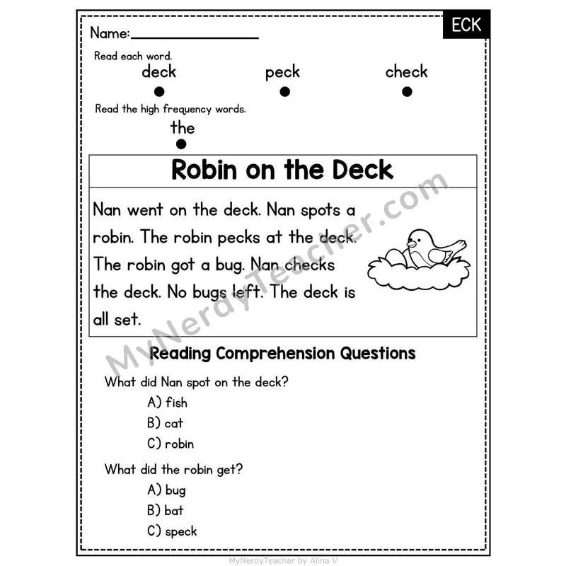 ECK Word Family Decodable Passage - Robin on the Deck