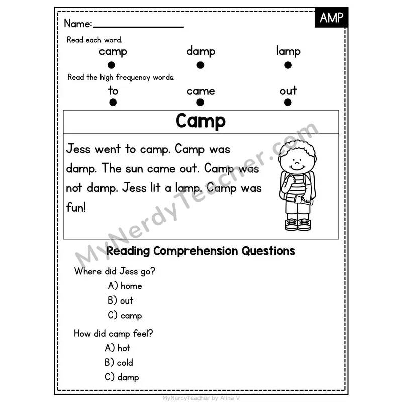 AMP Word Family Decodable Passage - Camp
