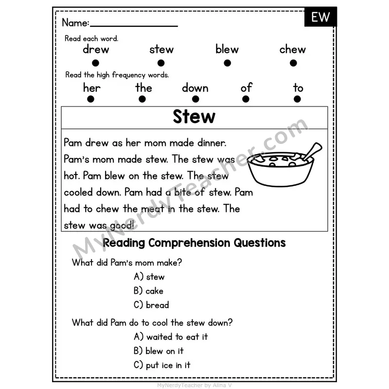 EW Vowel Team Decodable Passage - Stew