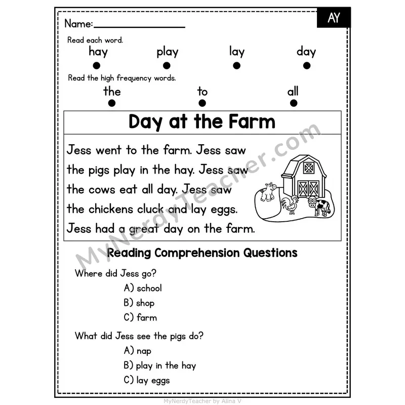 AY Vowel Team Decodable Passage - Day at the Farm