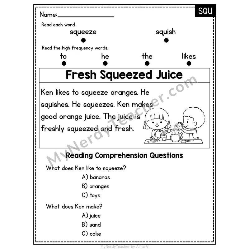 SQU Trigraph Decodable Passage - Fresh Squeezed Juice