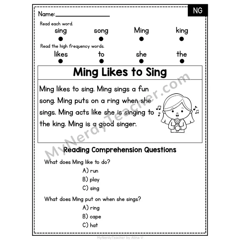 NG Digraph Decodable Passage - Ming Likes to Sing