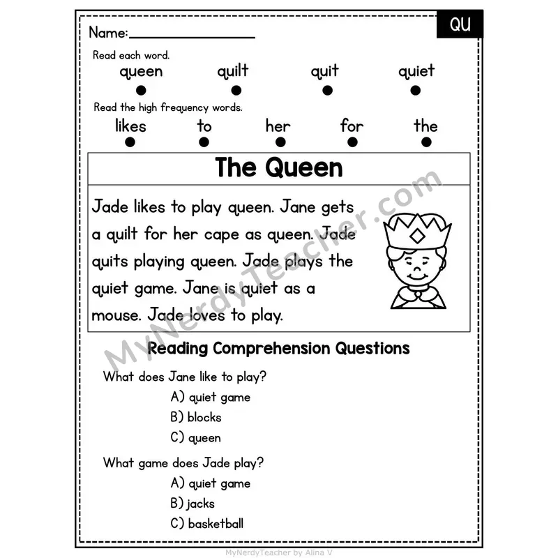QU Digraph Decodable Passage - The Queen