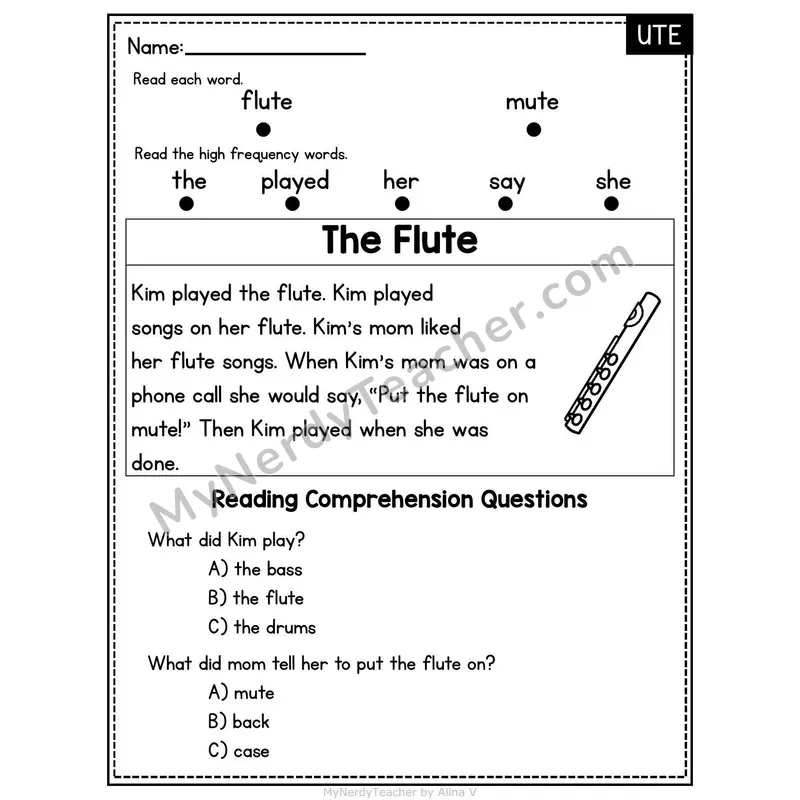 UTE Word Family Decodable Passage - The Flute