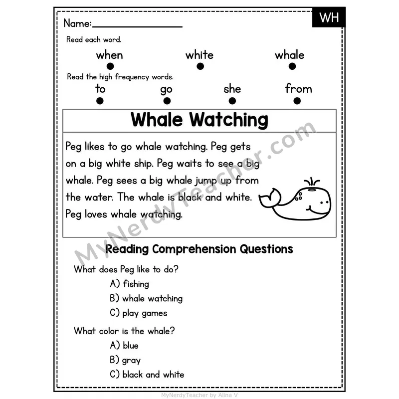 WH Digraph Decodable Passage - Whale Watching