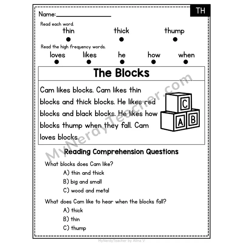 TH Digraph Decodable Passage - The Blocks