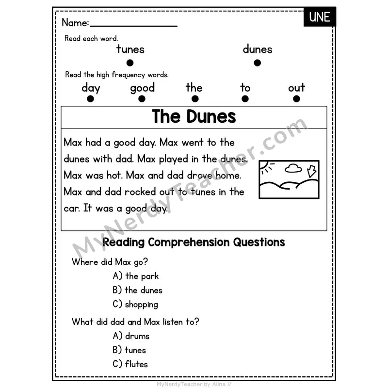 UNE Word Family Decodable Passage - The Dunes