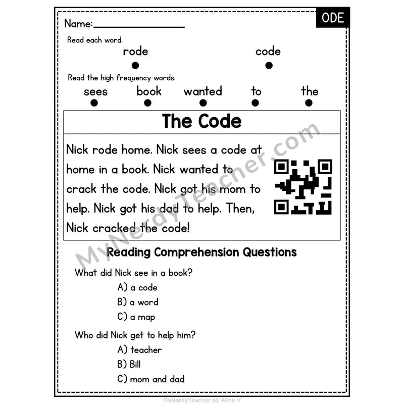 ODE Word Family Decodable Passage - The Code
