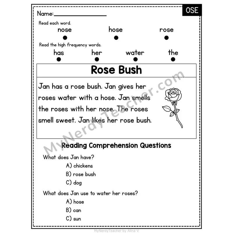 OSE Word Family Decodable Passage - Rose Bush