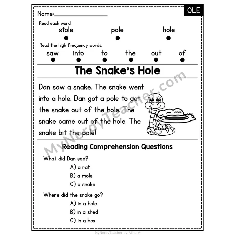 OLE Word Family Decodable Passage - The Snake's Hole