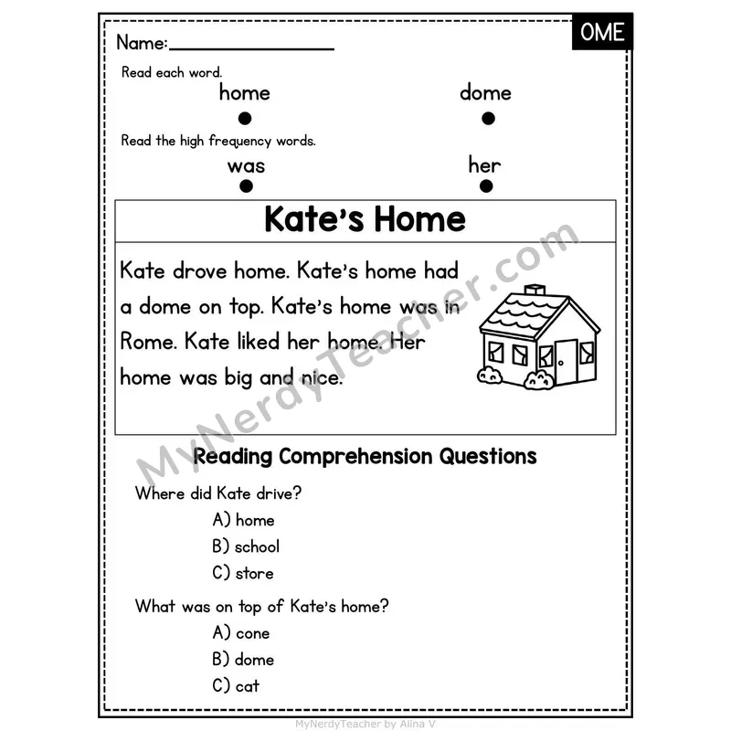OME Word Family Decodable Passage - Kate's Home