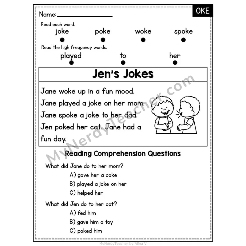 OKE Word Family Decodable Passage - Jane's Jokes