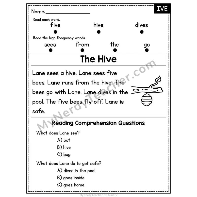 IVE Word Family Decodable Passage - The Hive