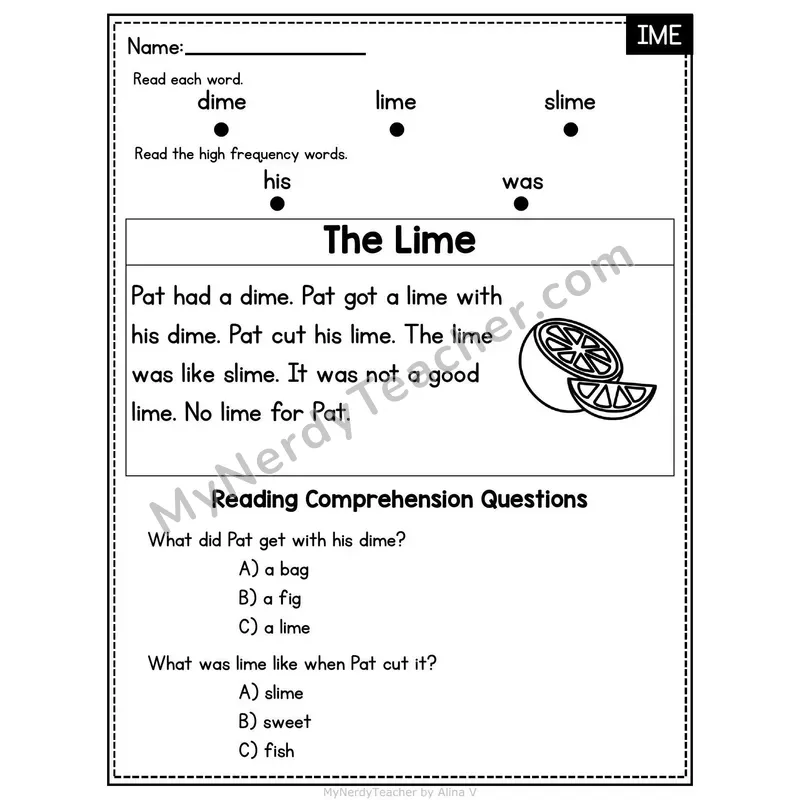 IME Word Family Decodable Passage - The Lime