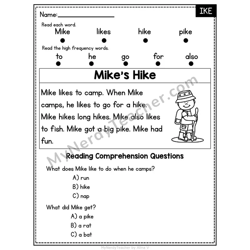 IKE Word Family Decodable Passage - Mike's Hike