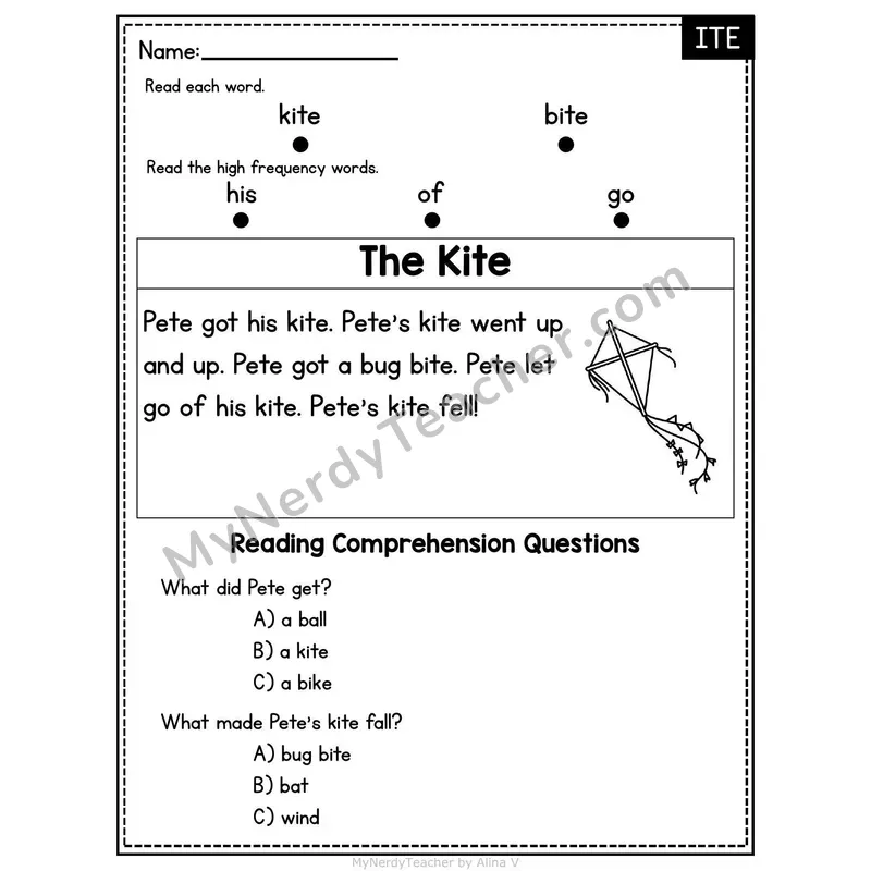 ITE Word Family Decodable Passage - The Kite