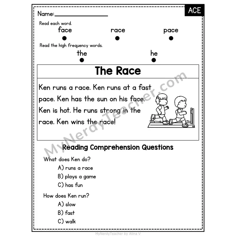 ACE Word Family Decodable Passage - The Race