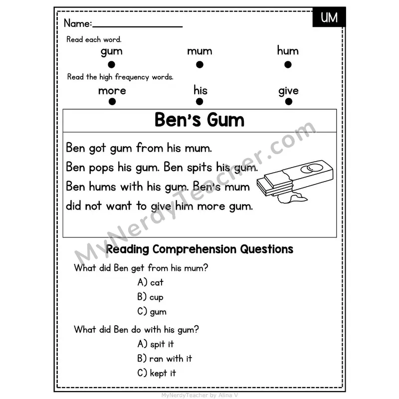 UM Word Family Decodable Passage - Ben's Gum