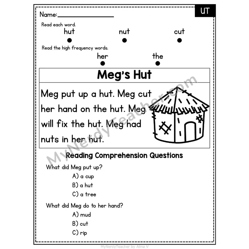 UT Word Family Decodable Passage - Meg's Hut