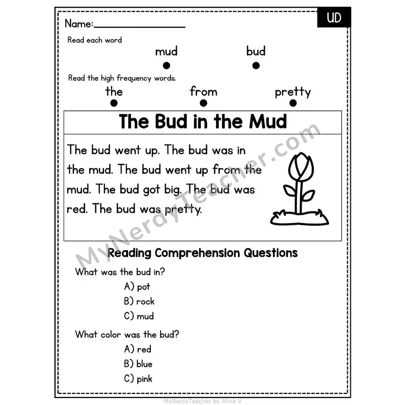 UD Word Family Decodable Passage - The Bud in the Mud