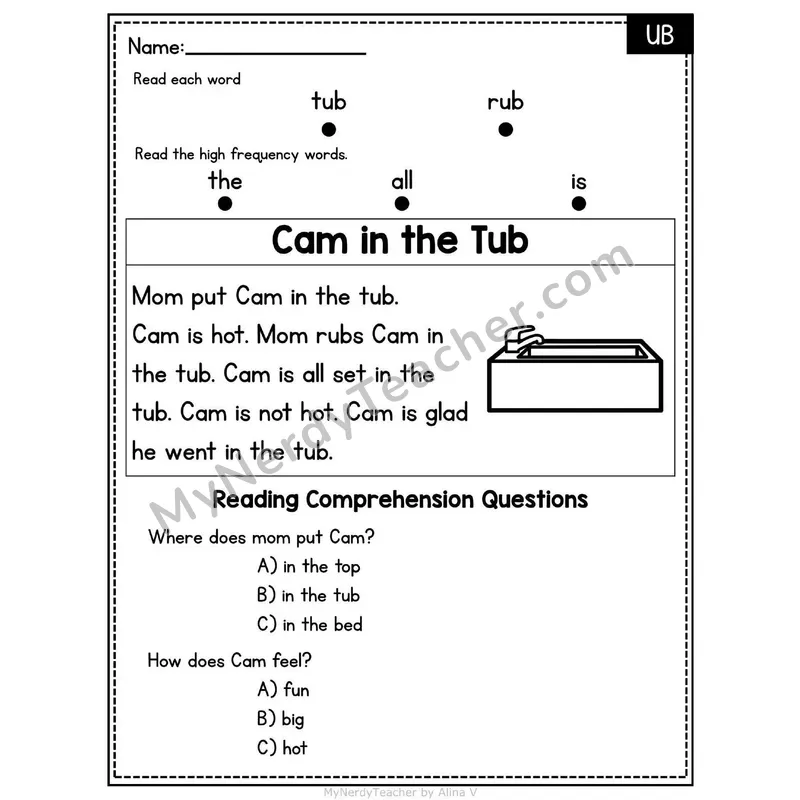 UB Word Family Decodable Passage - Cam in the Tub