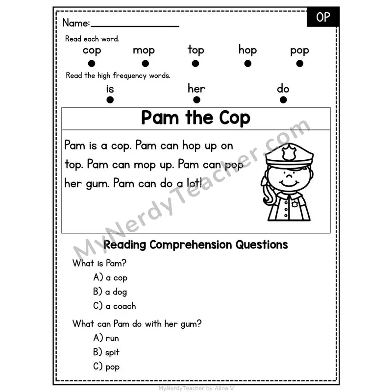 OP Word Family Decodable Passage - Pam the Cop