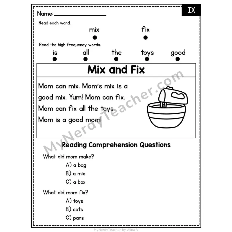 IX Word Family Decodable Passage - Mix and Fix