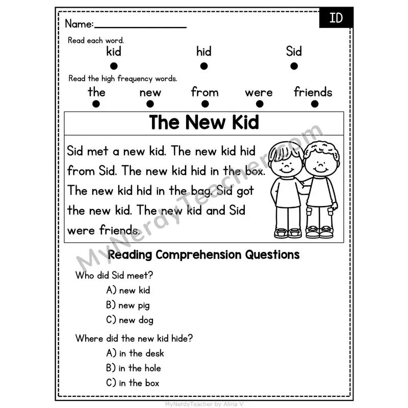 ID Word Family Decodable Passage - The New Kid