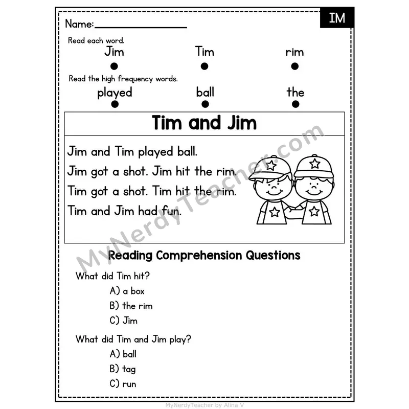 IM Word Family Decodable Passage - Tim and Jim