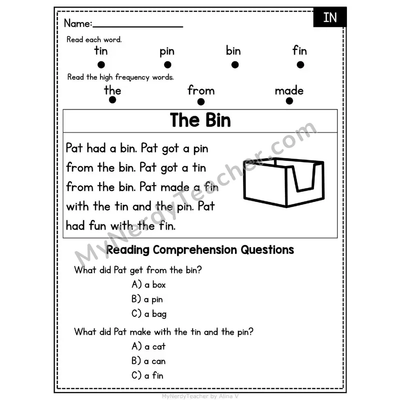 IN Word Family Decodable Passage - The Bin