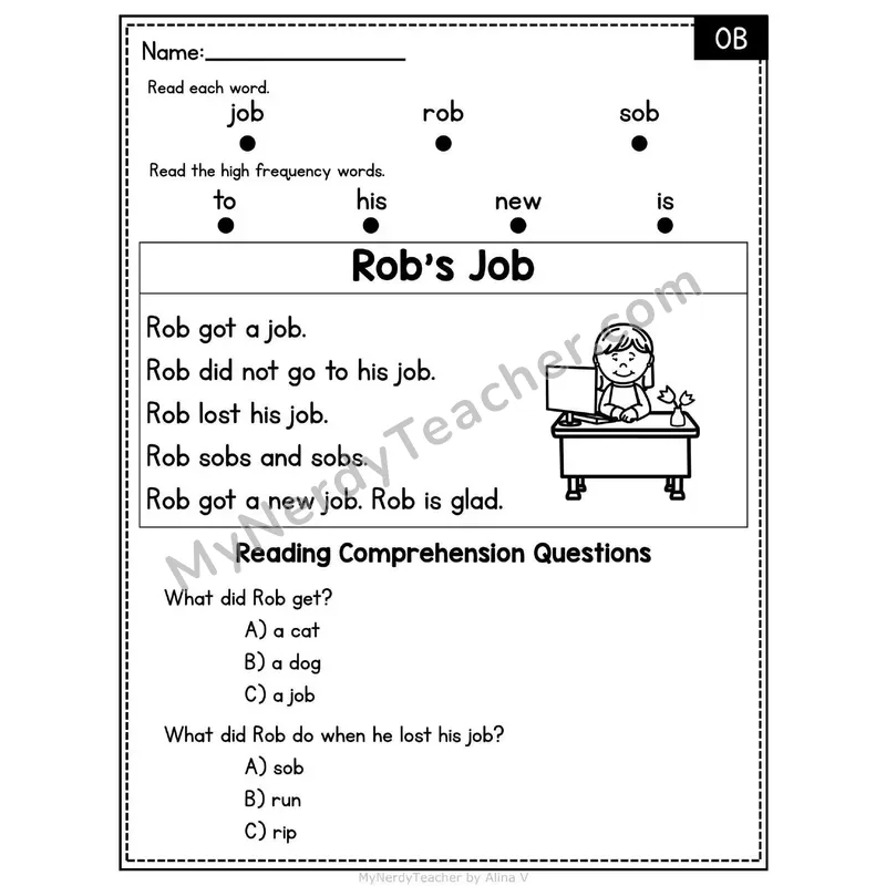 OB Word Family Decodable Passage - Rob's Job