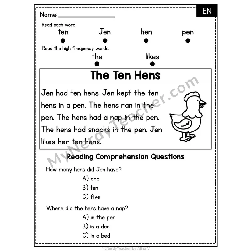 EN Word Family Decodable Passage - The Ten Hens