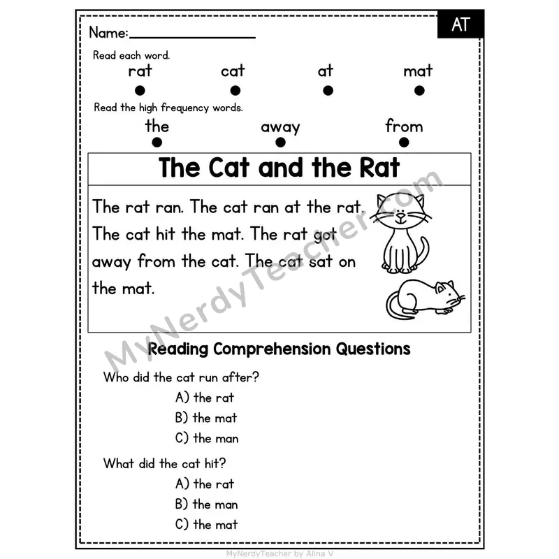 AT Word Family Decodable Passage - The Cat and the Rat