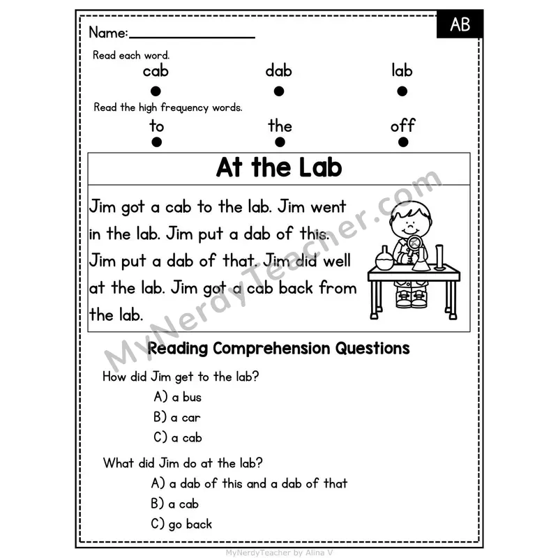 AB Word Family Decodable Passage - At the Lab