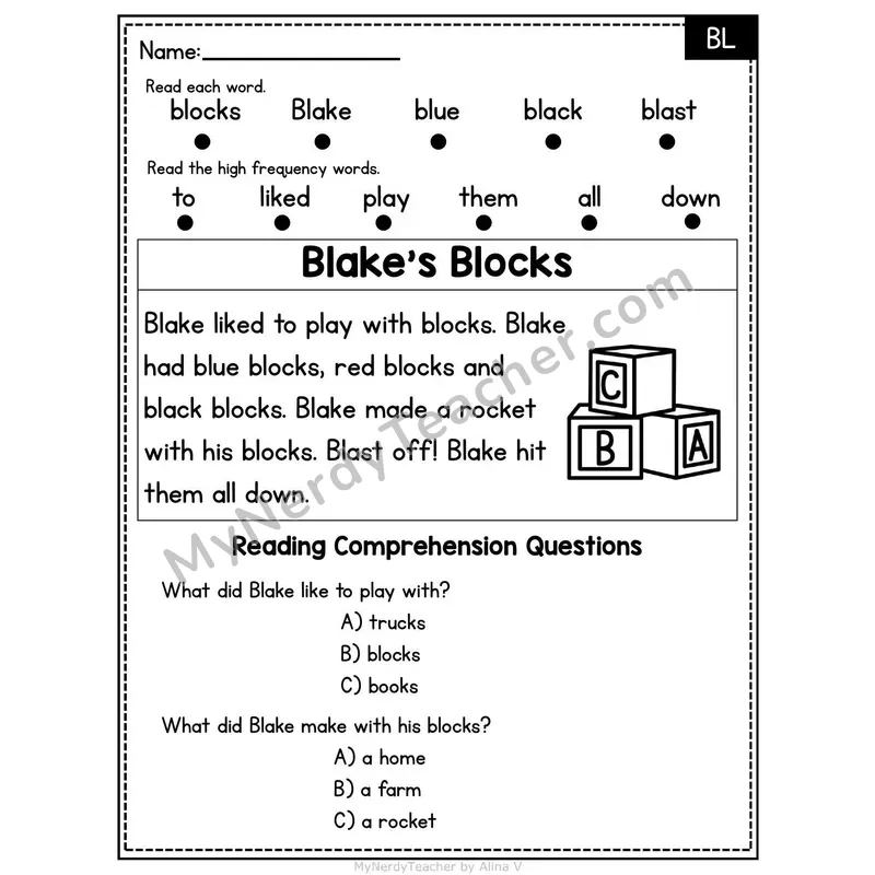 BL Blend Decodable Passage - Blake's Blocks