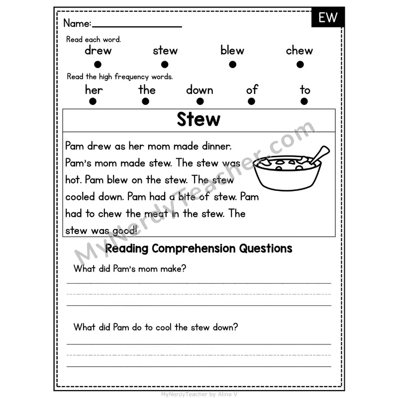 EW Vowel Team Decodable Passage - Stew