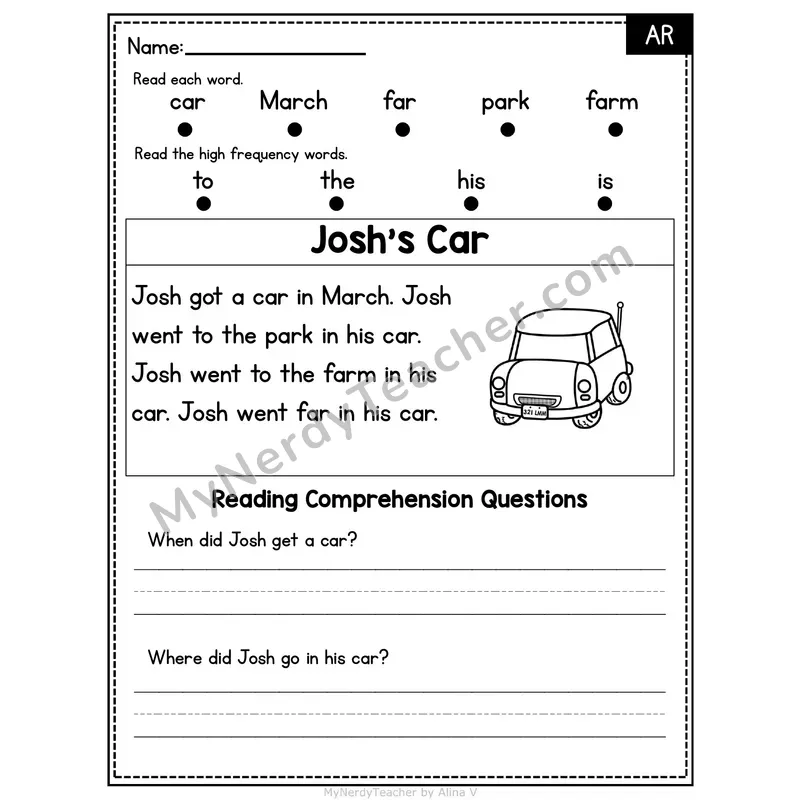 AR R-Controlled Vowel Decodable Passage - Josh's Car