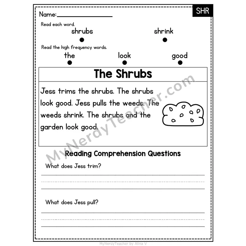 SHR Trigraph Decodable Passage - The Shrubs