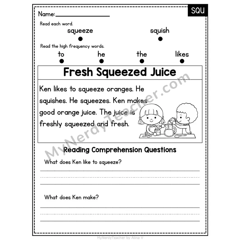 SQU Trigraph Decodable Passage - Fresh Squeezed Juice