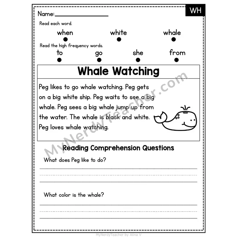 WH Digraph Decodable Passage - Whale Watching