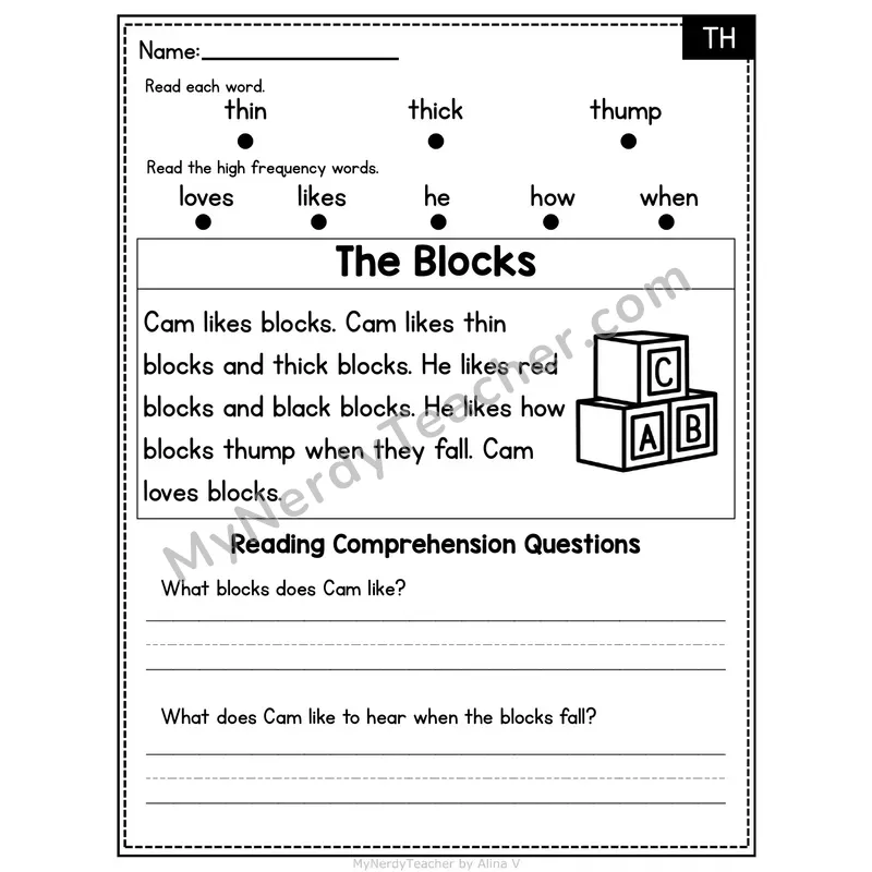 TH Digraph Decodable Passage - The Blocks