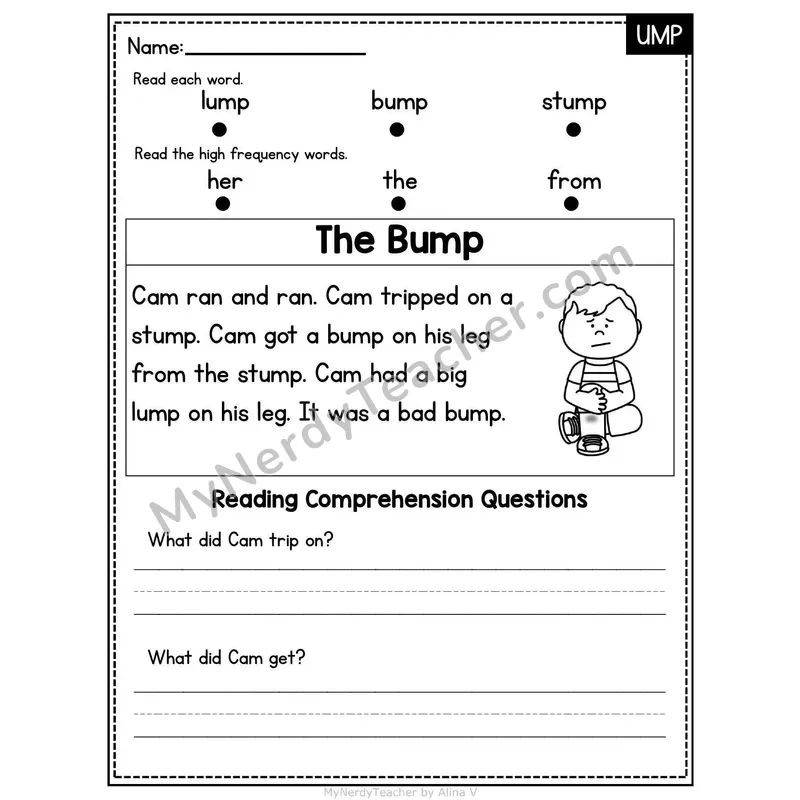 UMP Word Family Decodable Passage - The Bump