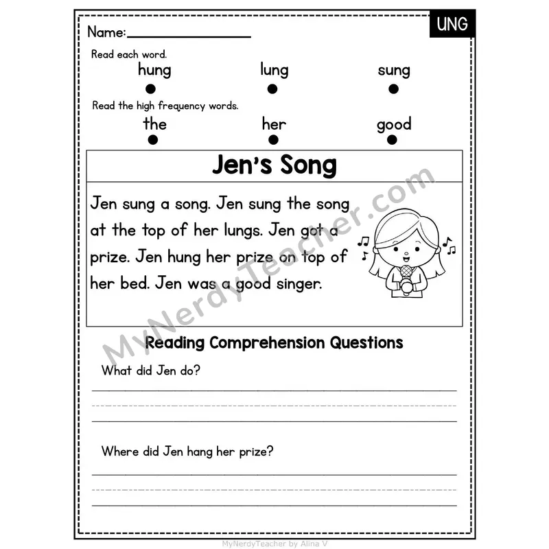 UNG Word Family Decodable Passage - Jen's Song