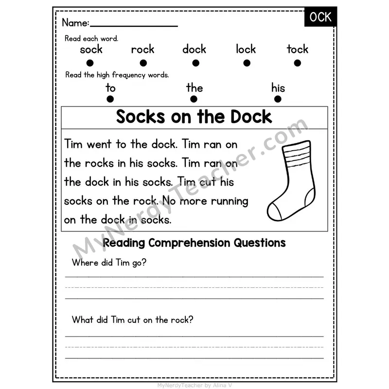 OCK Word Family Decodable Passage - Socks on the Dock