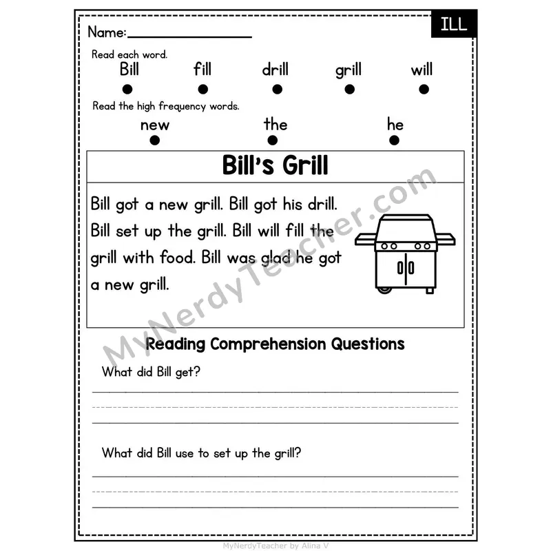 ILL Word Family Decodable Passage - Bill's Grill