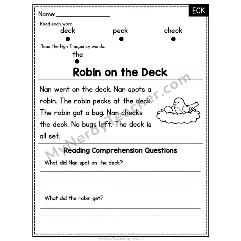 ECK Word Family Decodable Passage - Robin on the Deck