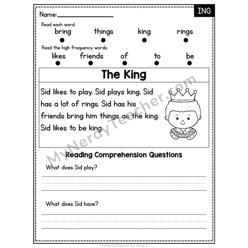 ING Word Family Decodable Passage - The King