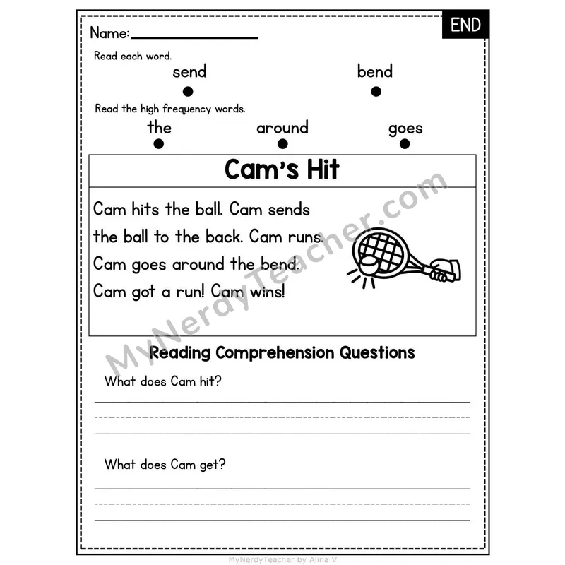 END Word Family Decodable Passage - Cam's Hit
