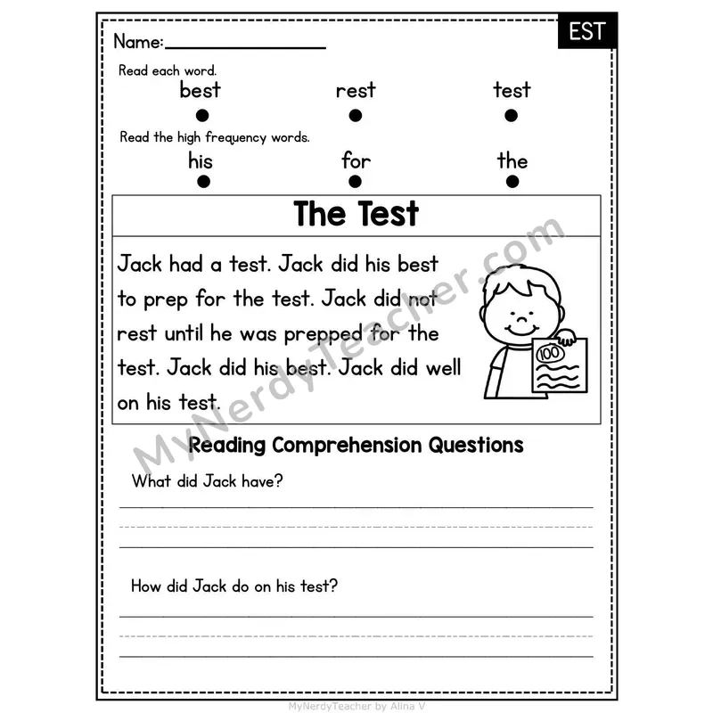 EST Word Family Decodable Passage - The Test